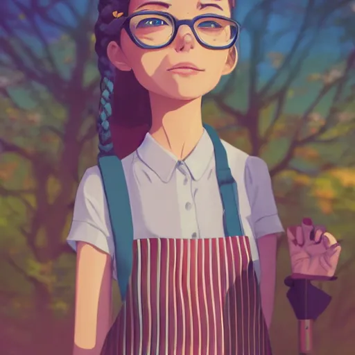 Prompt: a beautiful full body portrait of a young woman with twin braids, wearing glasses and an apron standing in a park, symmetric, beautiful!!! face, makoto shinkai, james gilleard, lois van baarle, ilya kuvshinov, rossdraws, very detailed, matte, gaussian blur, tone mapped