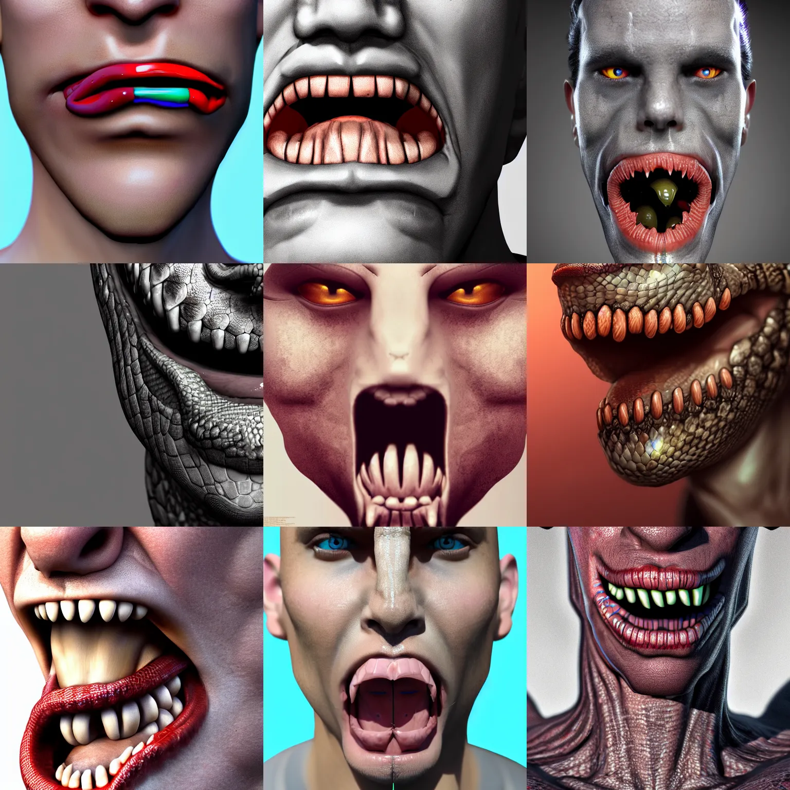 Prompt: human male with a long lizard tongue, snake eyes, digital art, concept art, face close up, trending on artstation, very detailed, slimey, 8 k hd