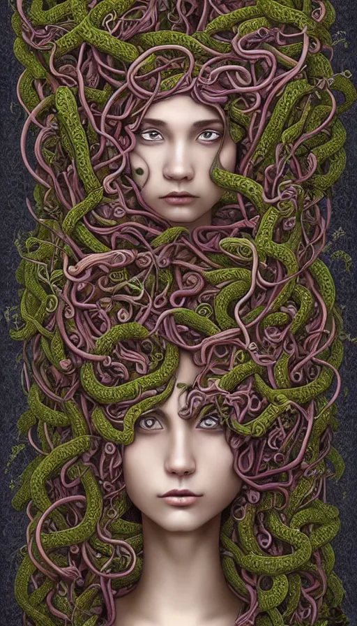 Prompt: very detailed portrait of a 2 0 years old girl surrounded by tentacles, the youg woman visage is blooming from fractal and vines, by naoto hattori