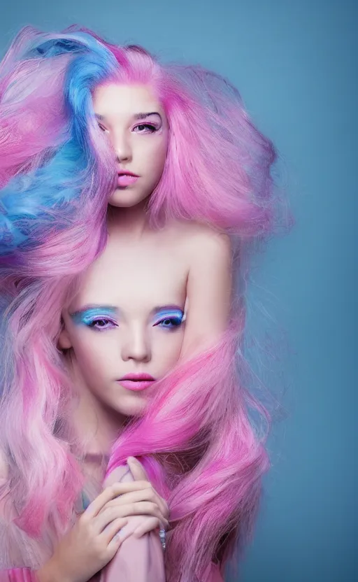 Image similar to a dramatic portrait photo of a beautiful young woman with cotton candy hair. with a little bit of cyan and pink
