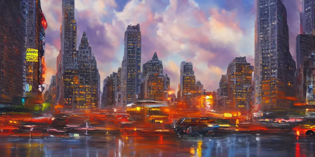 Image similar to NYC on a tropical island, cinematic lighting, detailed oil painting, hyperrealistic, 8k