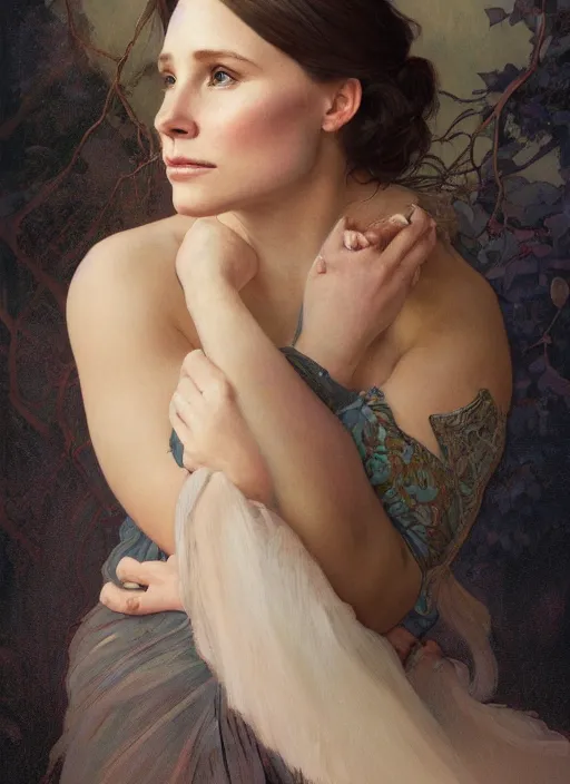 Image similar to beautiful portrait of thick chonky kristen bell, soft features, by magali villeneuve and greg rutkowski and artgerm and alphonse mucha and jeremy lipkin and rob hay, intricate, elegant, highly detailed, photorealistic, trending on artstation, trending on cgsociety, 8 k, sharp focus