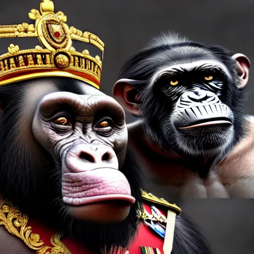 Prompt: a portrait of King Vajiralongkorn picking his nose next to a chimpanzee, realistic faces, grimdark extremely detailed fantasy art by Gerald Brom, octane render