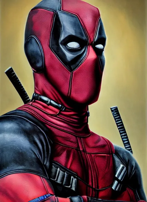 Prompt: portrait of deadpool as an amazing aware 4 th - wall - breaking character with amazing suit in twilight ( 2 0 0 9 ), film still, detailed realism face in painting, detailed beautiful portrait, oil painting masterpiece, 8 k resolution, smooth, sharp focus, trending on artstation, by rembrandt