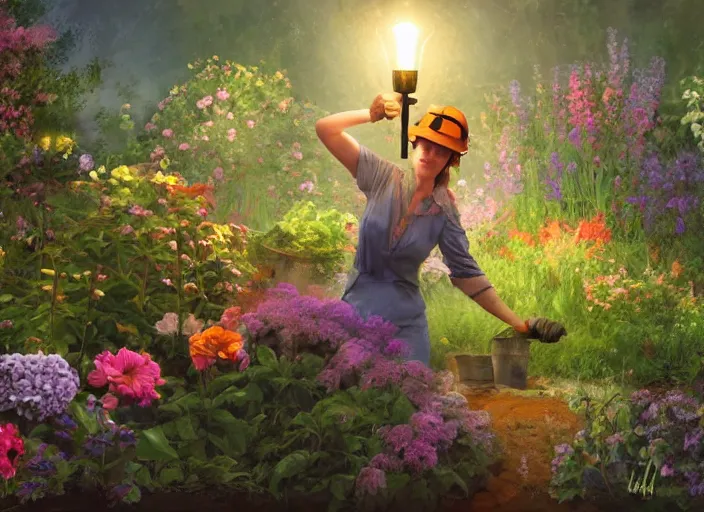 Image similar to a woman with a miner ’ s lamp on her head tending her garden at midnight, digital art, cgsociety, night like colours, garden full of flowers