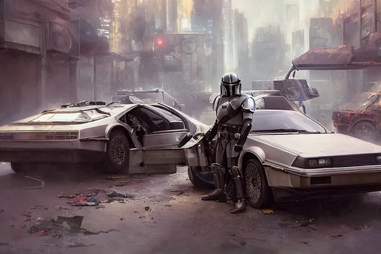 Image similar to photograph of the mandalorian entering a delorean driving down the streets of a cyberpunk abandoned city, back to the future, by greg rutkowski, by stanley artgerm, by alphonse mucha