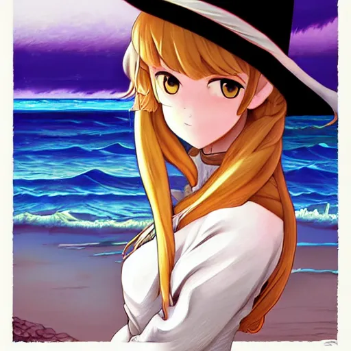 Prompt: Kirisame Marisa looking at the sea by Dan Mumford, beautiful anime portrait, official artwork, stylistic, Touhou character, brush strokes, oil, canvas