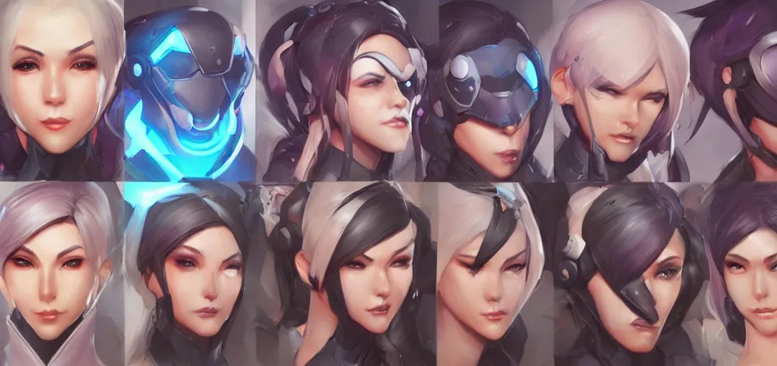 Image similar to concept art of female video game characters head designs, overwatch by marc brunet and artgerm