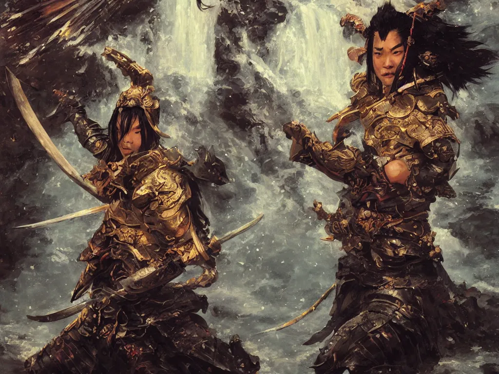 Image similar to close up of a samurai in dragon armor, under a waterfall at night, by huang guangjian and gil elvgren, sachin teng, greg manchess