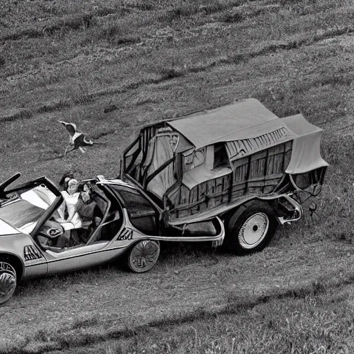 Image similar to a birds - eye view sepia photograph of a delorean made into a covered wagon, traveling in a line with covered wagons and cattle, photorealistic