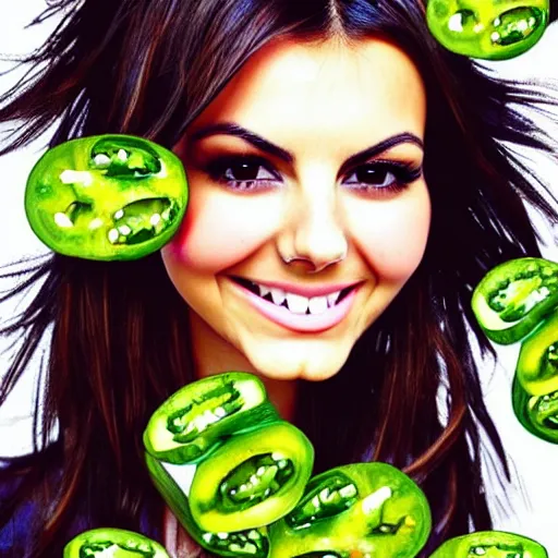 Image similar to one face shot of victoria justice made out of jalapenos by 5 randomly selected famous illustrators. vastly enriched image quality. lucidly vivid. iridescentally detailed. extremely elegant and beautiful.