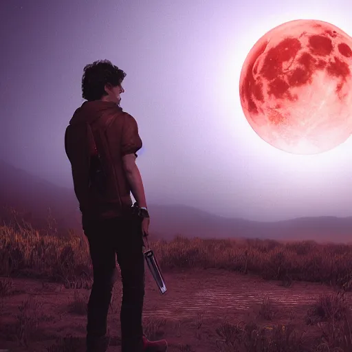 Prompt: gustavo cerati playing on the red moon, digital art, highly detailed, render unreal engine