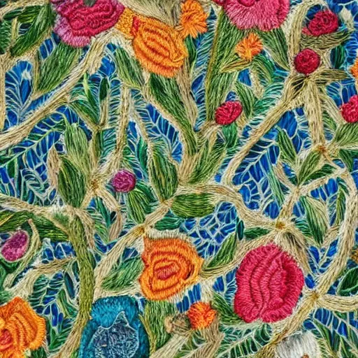 Prompt: a close up view of a wall with flowers on it, a detailed painting by master of the embroidered foliage, featured on behance, arts and crafts movement, intricate, ornate, made of flowers