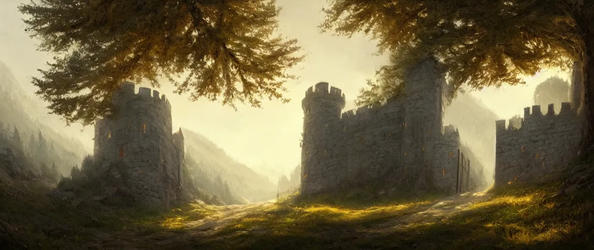 Prompt: digital painting of a small castle town closed off by large metal gate, border, behind a forest, large mountains in back, concept art, low angle, high detail, warm lighting, volumetric, godrays, vivid, beautiful, trending on artstation, by Greg Rutkowski, no focus, huge scene, grass