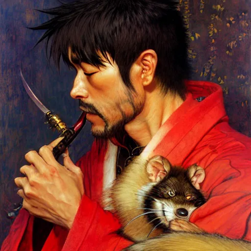 Prompt: a male japanese ninja ratwolfman rat wolf man in a red kimono furry arms furry body. furaffinity furry art detailed face painting by gaston bussiere craig mullins jc leyendecker gustav klimt artgerm greg rutkowski furry