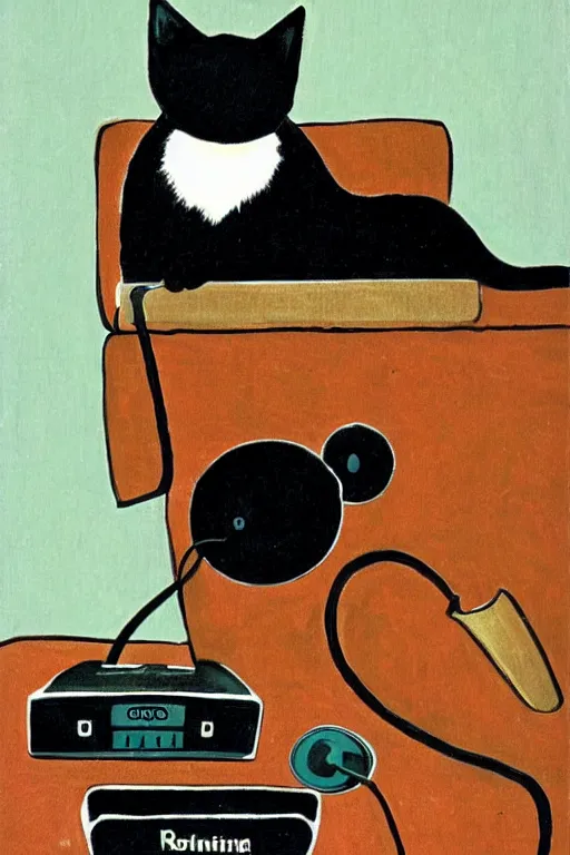 Image similar to black cat sitting next to vintage telephone, art by rosina wachtmeister