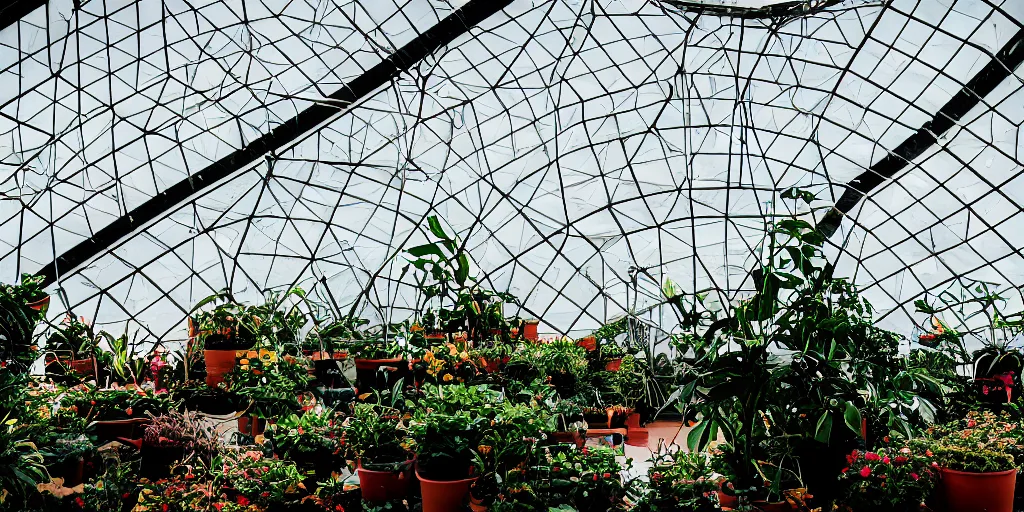 Prompt: geodesic dome greenhouse interior, bright colors, cinematic, cyberpunk, smooth, chrome, lofi, calming, dramatic, studio ghibli, high contrast, epic composition, hyper realistic, concept art, XF IQ4, 150MP, 50mm, F1.4, ISO 200, 1/160s, natural light, photolab