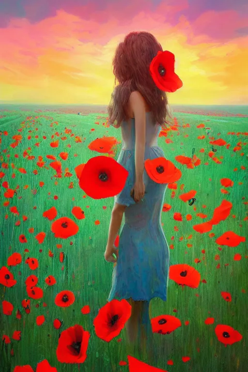 Image similar to closeup, giant poppy flower head, girl standing in a field of flowers, surreal photography, sunrise, blue sky, dramatic light, impressionist painting, digital painting, artstation, simon stalenhag