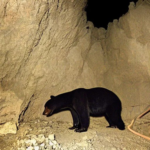 Prompt: black bear in a coal mine at midnight in darkness