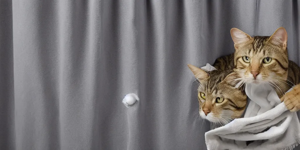 Image similar to shower curtain product catalog. wide - angle photo. on the curtain is a tabby cat wearing a large head towel coming out of a bathtub, product photography of a shower curtain, product lighting. 4 k, highly detailed. saturated.