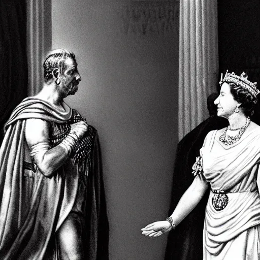 Image similar to detailed black and white photo of queen elizabeth ii meeting julius caesar in ancient rome