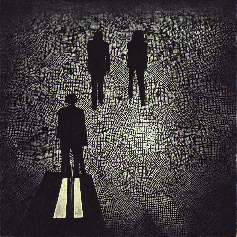 Prompt: realistic detailed image closeup of two people standing on top of a checkered floor, an album cover by syd barrett, tumblr, neo - expressionism, darksynth, nightmare, cosmic horror, fisheye view, artstation