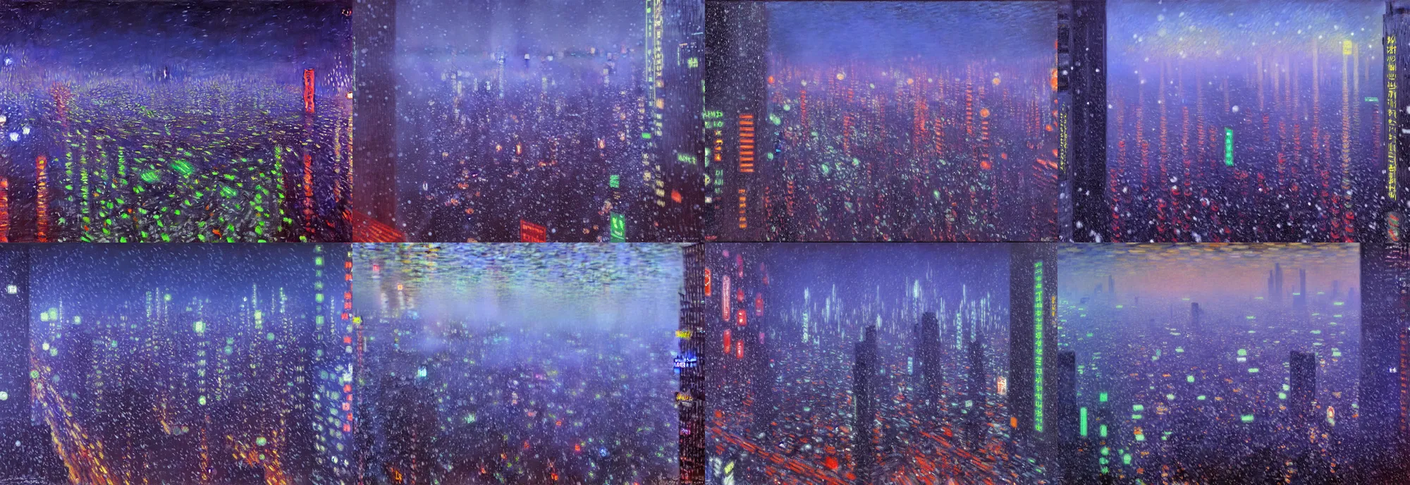 Prompt: Monet painting of snow falling on cyberpunk future Neo-Tokyo 20XX, megacity, dystopia, neon, architectural painting, view from above