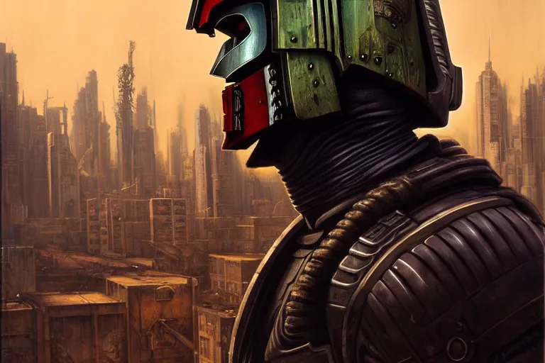 Image similar to portrait of judge dredd. cyberpunk artwork, dilapidated cityscape. dirty, grime. 4 k digital art, 8 0's style. tomasz alen kopera, peter mohrbacher, donato giancola, boris vallejo, drew struzan realistic detailed oil painting, urban horror, frank frazetta