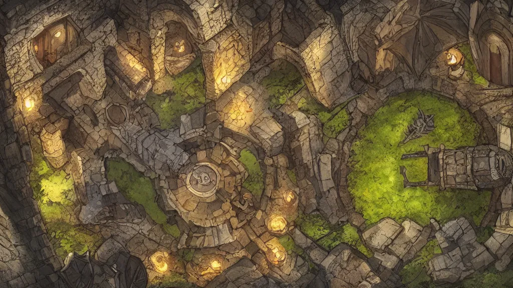 Image similar to wide establishing shot of a dungeons and dragons battle map, top view of inside of the inside of a castle, dynamic composition, dramatic lighting, trending on artstation, digital art, stylized painting, rpg, tabletop role playing game, d & d, roll 2 0