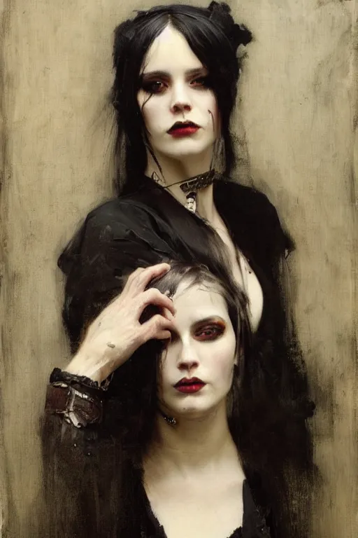 Image similar to Richard Schmid and Jeremy Lipking and Roberto Ferri full length portrait painting of a young beautiful victorian steampunk goth punk rock woman covered head in black except for face