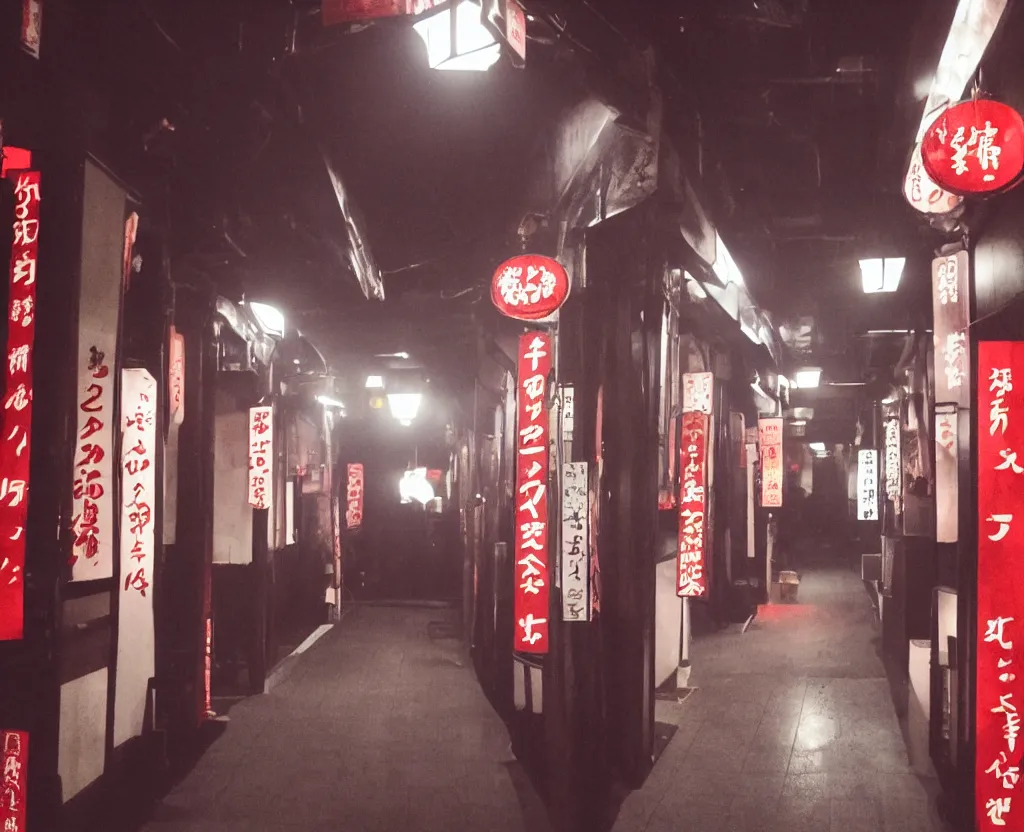 Image similar to spooky photo of a dark infinite hallway of a japanese izakaya with open lit doorways all the way down, dramatic lighting, smoke, ceiling fluorescent lighting, black and red colour palette