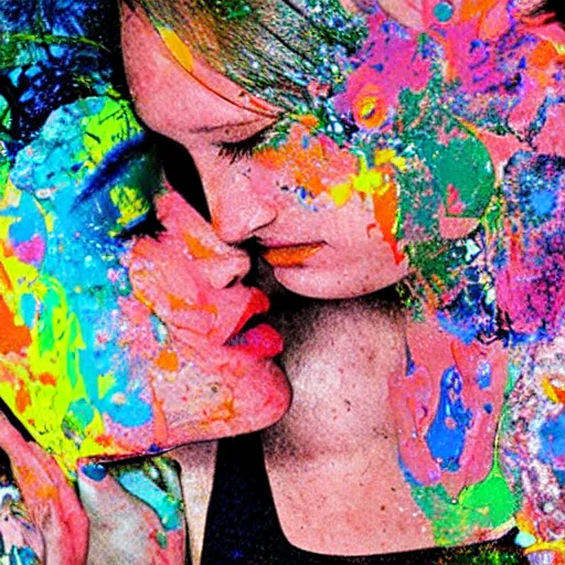 Image similar to double exposure of two women kissing ( closeup ) and a psychedelic painting, lomography. this photograph is subsequently printed out and splattered with paint. mixed media collage art with magazines and found art