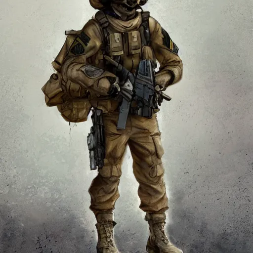 Prompt: fluffy fennec fox dressed in a modern american military soldier uniform, in apocalyptic wasteland, portrait, artstation