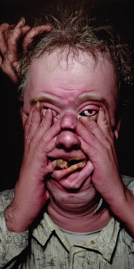Image similar to award winning heartbreaking photo of todd solondz crying, vivid colors, happy, symmetrical face, beautiful eyes, studio lighting, wide shot art by roger ballen & francis bacon