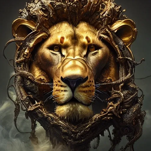 Prompt: a beautiful detailed 3 d matte portrait of a lion made out of dark smoke, by ellen jewett, by tomasz alen kopera, by justin gerard, ominous, magical realism, texture, intricate, skull, skeleton, gold coins, money, whirling smoke, radiant colors, fantasy, volumetric lighting, high details