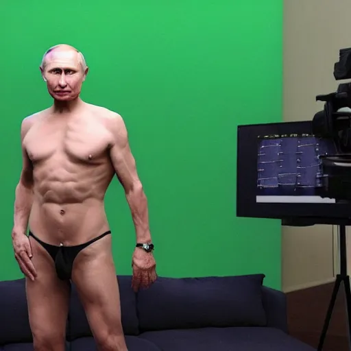 Image similar to putin wearing a thong, full body shot, hes on a green screen, hyper realistic, very detailed.