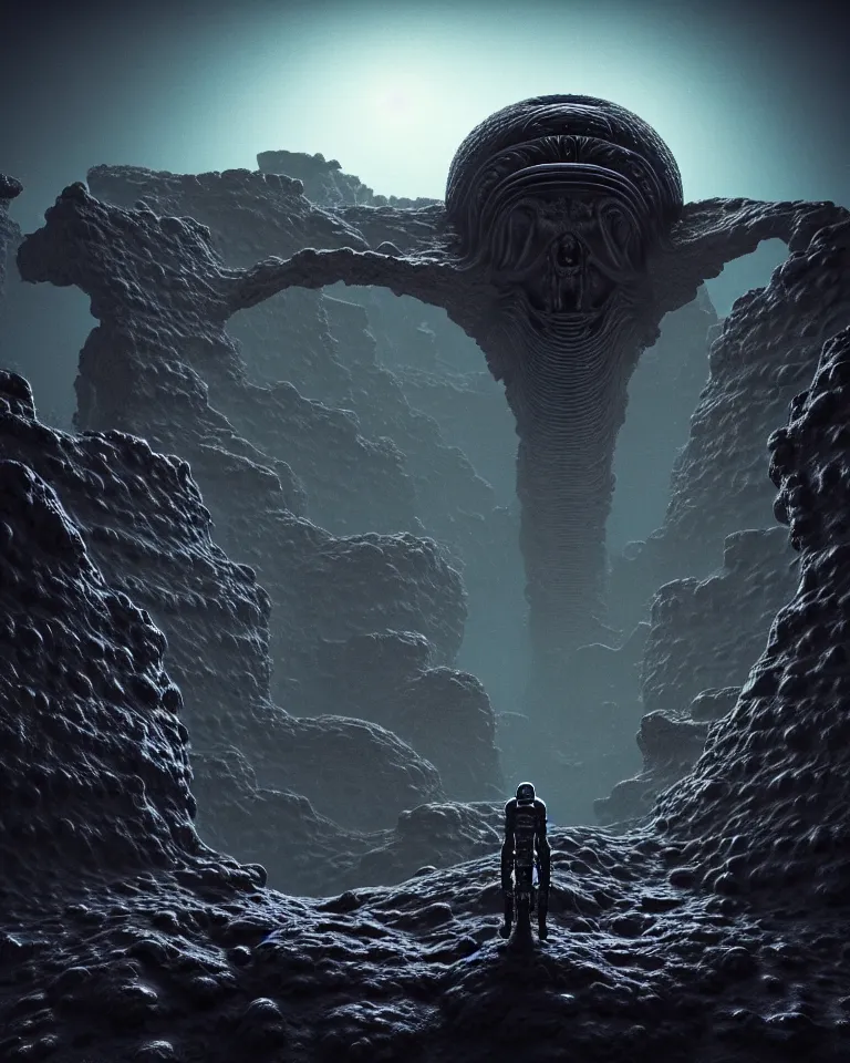 Image similar to your dad is a cosmic horror on an alien planet filled with craters by bruce brenneise and h r giger, alien ancient ruins in background, 3 d render, neosurrealism. digital concept art, pixel art, rendered in octane, trending on cgsociety, trending on artstation