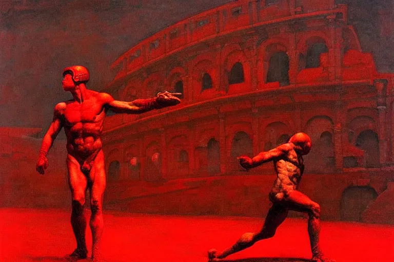 Image similar to only with red, a red gladiator in a crowded roman amphitheatre, crowd cheers him, in the style of beksinski, parts by edward hopper, parts by rodcenko, parts by yue minjun, intricate and epic composition, red by caravaggio, insane quality, highly detailed, masterpiece, red light, artstation