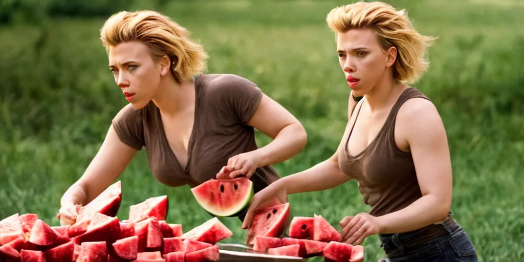 Prompt: scarlett johansson kicking and smashing a watermelon, film still, highly detailed, film grain, behind the scenes, photorealism