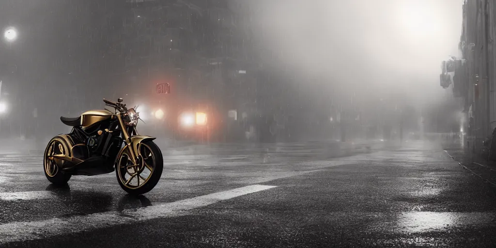 Prompt: parked Tron motorcycle, fog, rain, volumetric lighting, beautiful, golden hour, sharp focus, highly detailed, cgsociety