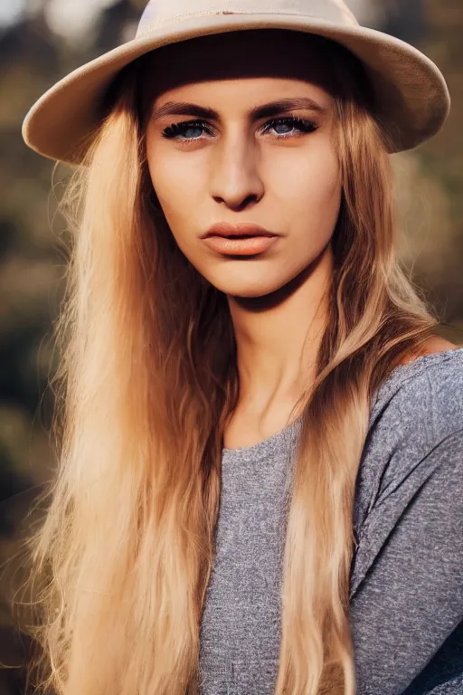 Image similar to photograph of an olive skinned blonde female model in her twenties, her hair pinned up under designer hat, wearing a designer top, looking content, focused on her neck, photo realistic, extreme detail skin, natural beauty, no filter, slr, golden hour, 8 k, high definition, selfie