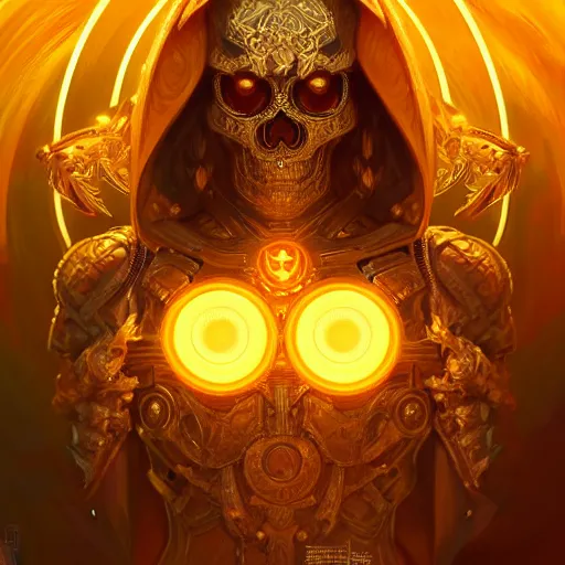 Prompt: symmetry!! portrait of golden! skull warrior, glowing eyes!! intricate, elegant, highly detailed, digital painting, artstation, concept art, smooth, sharp focus, illustration, art by artgerm and greg rutkowski and alphonse mucha