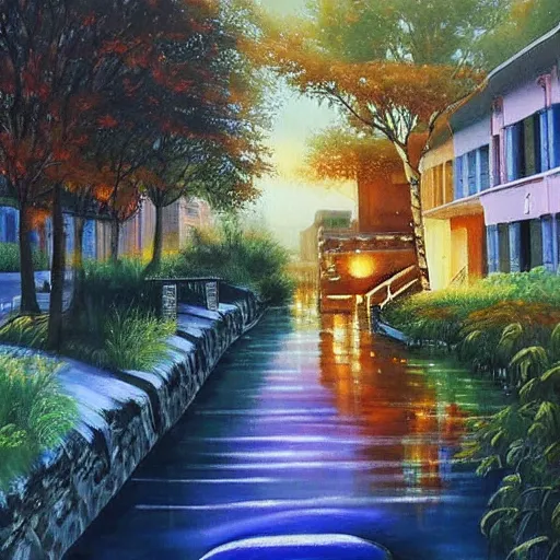 Image similar to Cosy waterway in city of the future in harmony with nature. Nice colour scheme, soft warm colour. Beautiful detailed painting by Lurid. (2022)