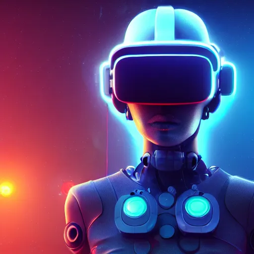 Image similar to cyberpunk cool bot, cinema 4 d, galaxy, ufo, space sci - fi, wearing vr goggles, illustration, portrait, pastel neon textured background night, trending on artstation, greg rutkowski, octane rendered, 1 2 k, detailed,