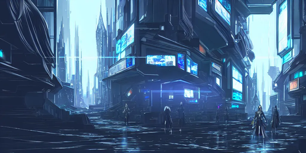 Image similar to Ishgard in a cyberpunk setting, futuristic