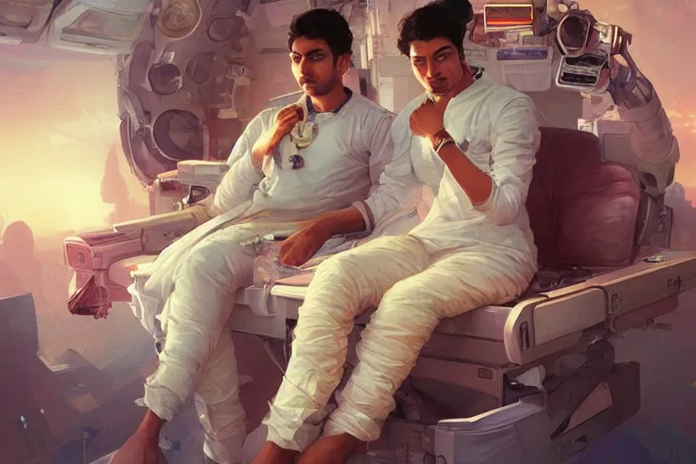 Image similar to Exhausted good looking pale young Indian doctors wearing jeans in a space station above Earth performing surgery, portrait, elegant, intricate, digital painting, artstation, concept art, smooth, sharp focus, illustration, art by artgerm and greg rutkowski and alphonse mucha