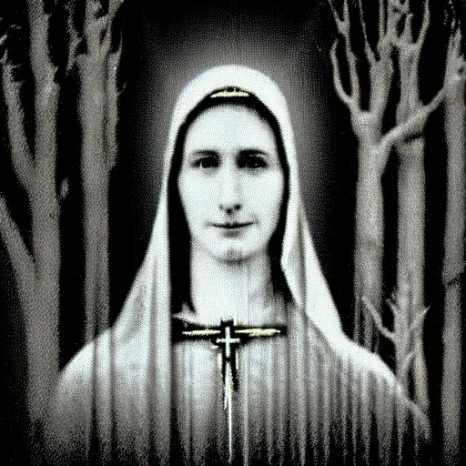 Image similar to marian apparition in forest, high contrast, found footage, vhs, 1 9 9 0, beautiful, highly realistic, highly detailed, vhs noise static, black and white, vhs glitch