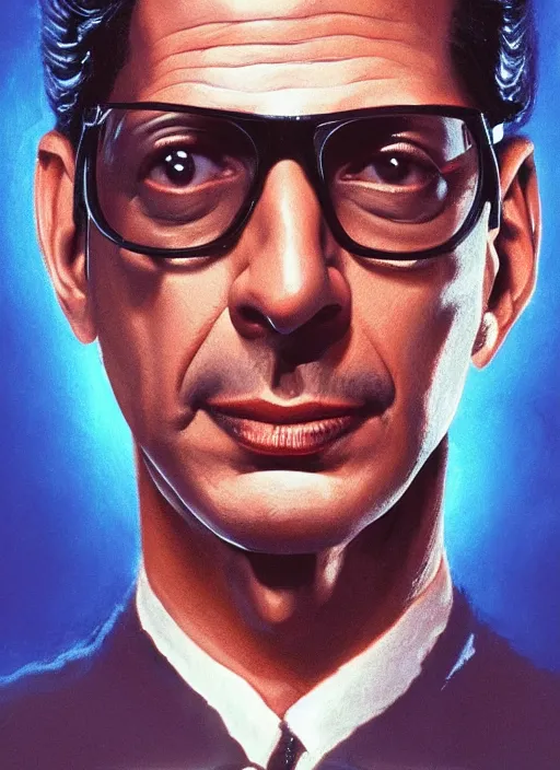 Image similar to portrait of Jeff Goldblum in The Fly (1986), highly detailed, centered, solid color background, digital painting, artstation, concept art, smooth, sharp focus, illustration, Basil Gogos, Joseph Christian Leyendecker, Les Edwards, Ed Repka, WLOP, Artgerm