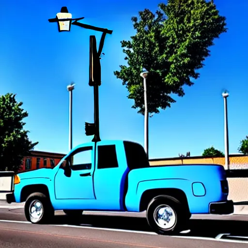 Image similar to blue truck stuck on a street light pole