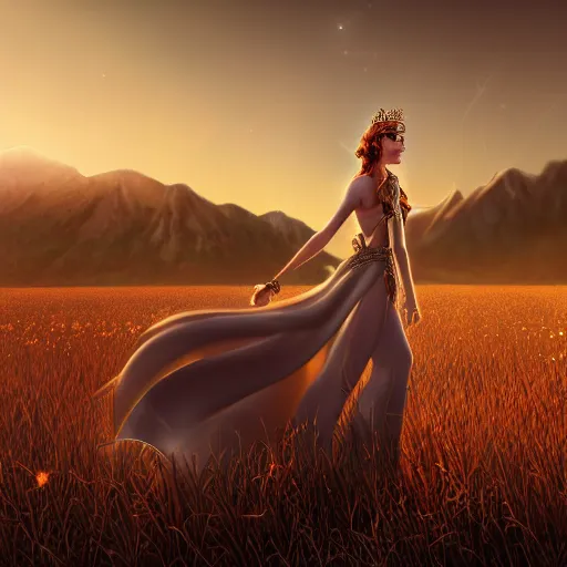 Image similar to a radiant greek mythology goddess walking in a beautiful field, mountains in the distance, jewelry, crown, confident, gorgeous, stunning, dramatic lighting, detailed, very realistic, trending on Artstation, Cgsociety